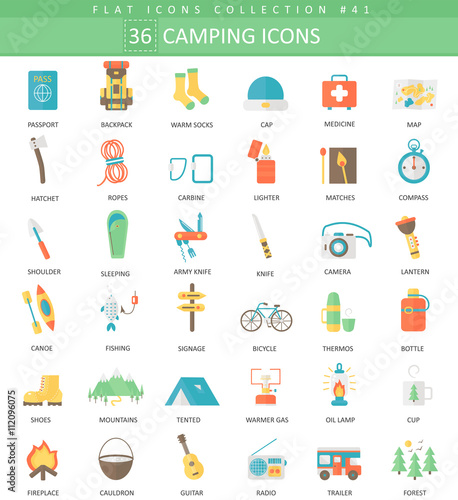 Vector Camping color flat icon set. Elegant style design.
