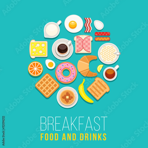 Vector breakfast concept with food and drinks with flat icons in circle composition. Breakfast composition sandwich and omelette, breakfast food bakery illustration