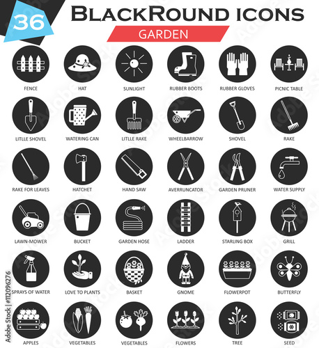 Vector Garden circle white black icon set. Ultra modern icon design for web.