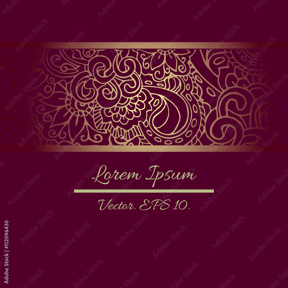 Elegant ornate and decorative template for special occasions and ceremonies. Laconic romantic squared patterns for invitation, cover, id cards and others. Deep purple and tender gold colours.