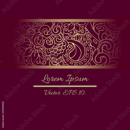 Elegant ornate and decorative template for special occasions and ceremonies. Laconic romantic squared patterns for invitation, cover, id cards and others. Deep purple and tender gold colours.