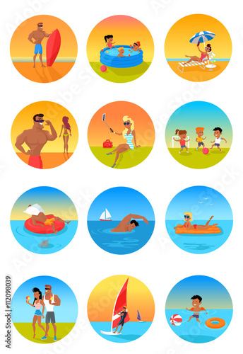 Summer Holidays Color Icons with People