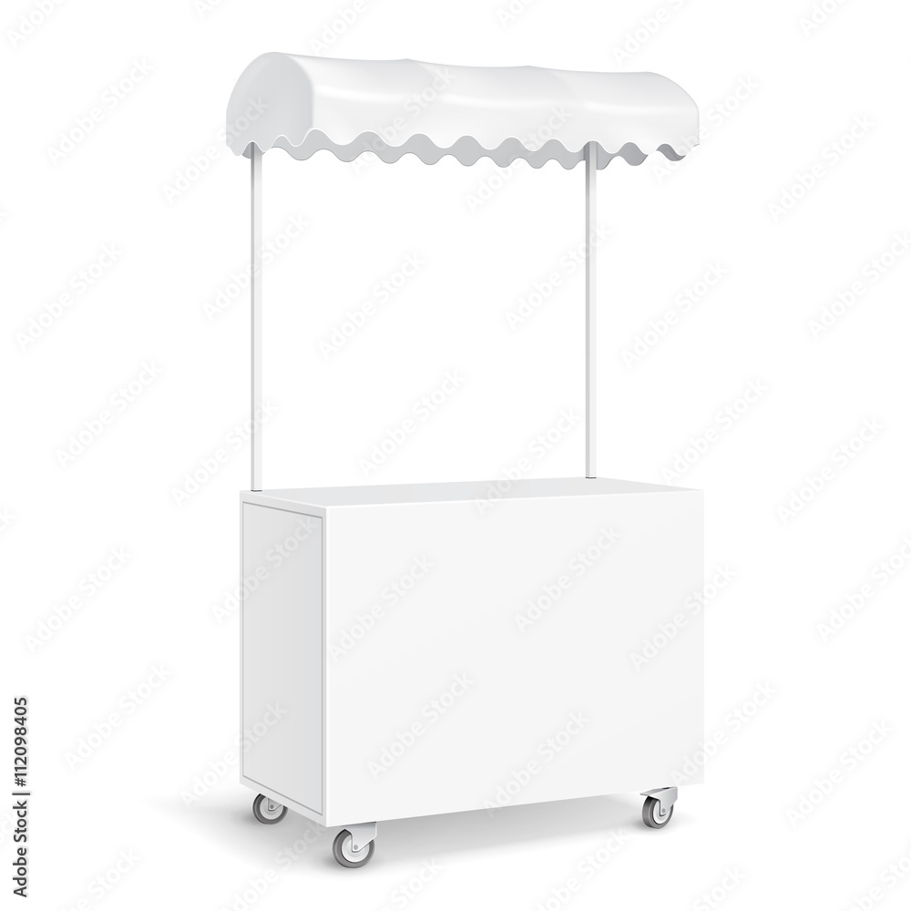 White POS POI Blank Empty Retail Stand Stall Mobile Bar Display With Roof, Canopy, Banner. Fast Food. On White Background Isolated. Mock Up Template Ready For Your Design. Product Packing Vector EPS10 White POS POI Blank Empty Retail Stand Stall Mobile Bar Display With Roof, Canopy, Banner. Fast Food. On White Background Isolated. Mock Up Template Ready For Your Design. Product Packing Vector EPS10
