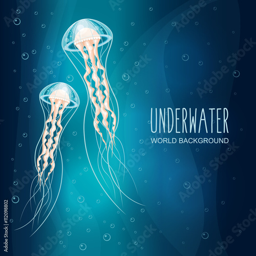 Blue underwater background with jellyfishes