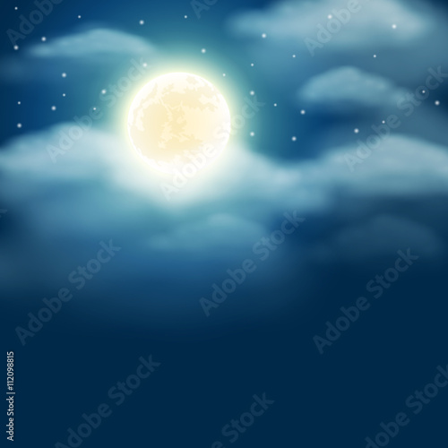 Night background with moon, stars and clouds on dark blue sky © Tamiris