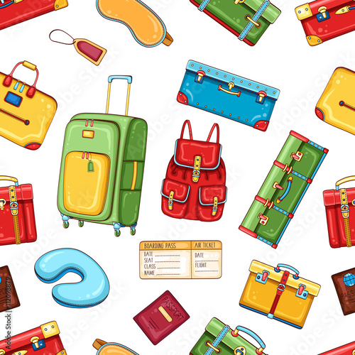 Travel seamless pattern with passenger luggage and equipment