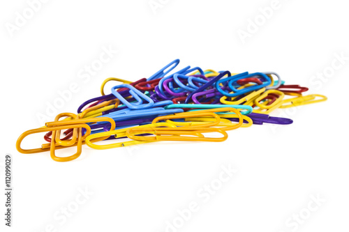 Bunch of colorful paper clips isolated on white background