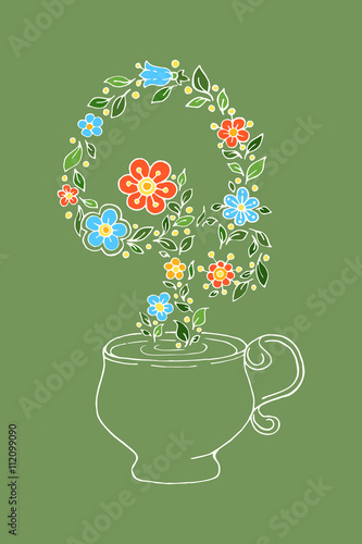 Cute illustration with a cup of herbal and flower tea on green background with colored flowers and leaves, hand-drawn doodle style. Gentle maiden vintage ornament.