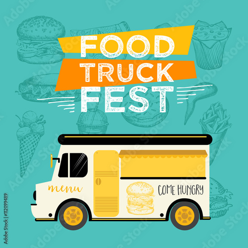 Food truck festival menu food brochure, street food template design. Vintage creative party invitation with hand-drawn graphic. Vector food menu flyer. Hipster menu board.