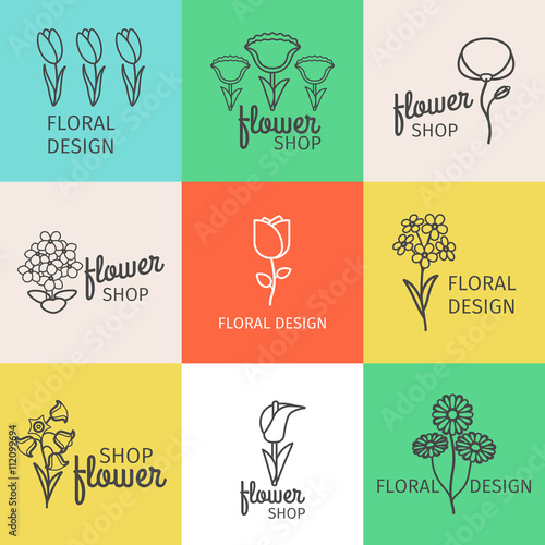 Floral design line logo and flower shop linear colored labels. Vector illustration