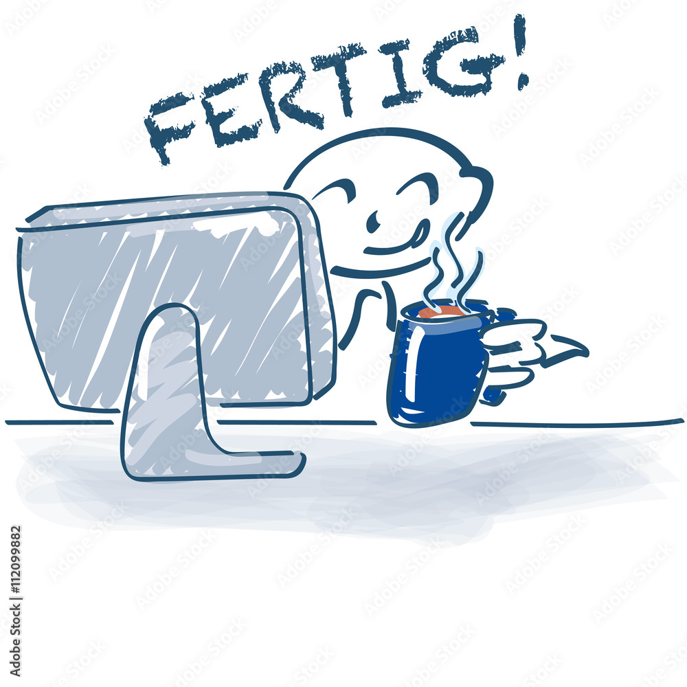 Strichmännchen am Computer und die Arbeit ist fertig Stock Vector ...