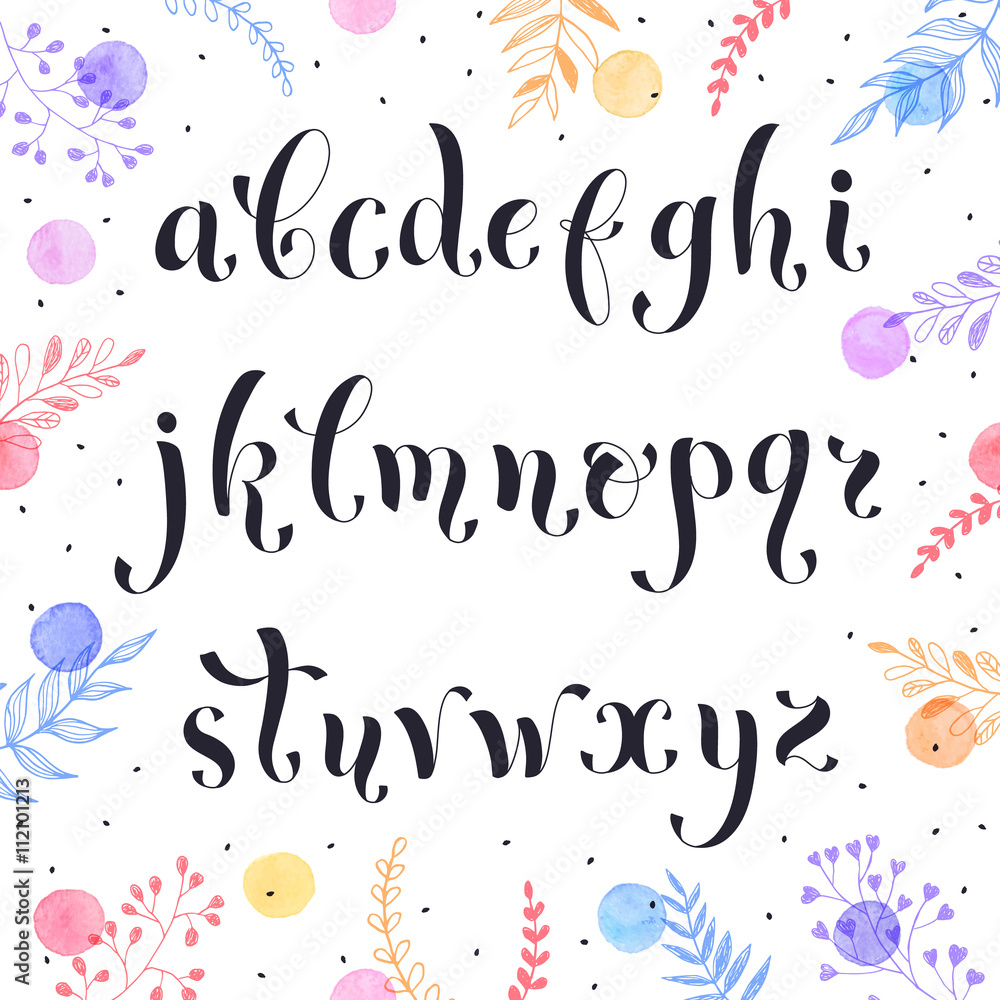 Handmade letters. Handwritten alphabet with watercolor spots on background. Hand drawn calligraphy. Modern inc typography. Handmade letters. Handwritten alphabet with watercolor spots on background. Hand drawn calligraphy. Modern inc typography.