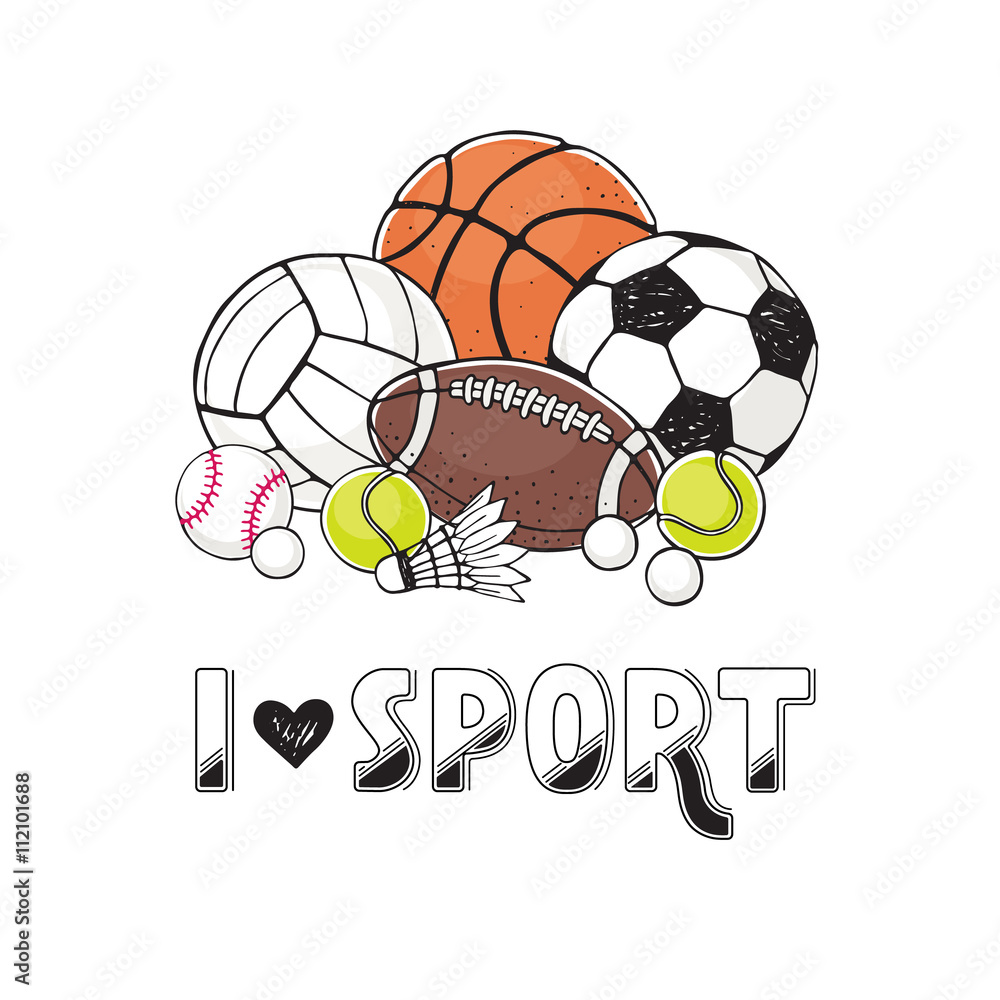 I love sport illustration. Collection of vector sport ball. Soccer,  volleyball, basketball, rugby balls set. Hand drawn balls isolated on white  background. Stock Vector | Adobe Stock