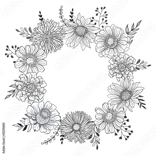 Greeting card template with flowers hand drawn black on white background. Decorative doodle frame from flowers for coloring books.