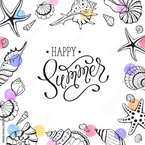 Photography Happy summer greeting card with seashells on white background