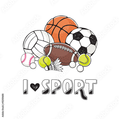 I love sport illustration. Collection of vector sport ball. Soccer, volleyball, basketball, rugby balls set. Hand drawn balls isolated on white background.