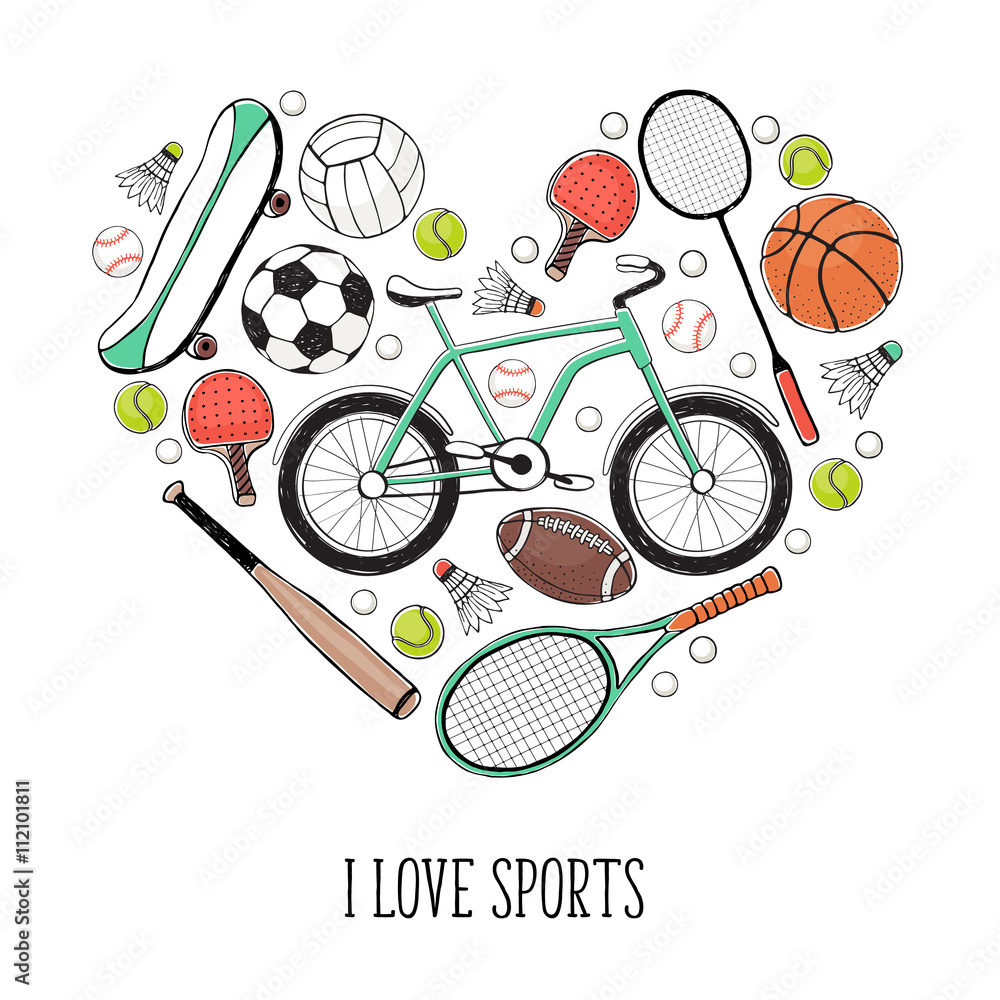 Collection of vector sport equipment. I love sports illustration. Hand  drawn sport balls, rackets, bycicle isolated on white background. Stock  Vector