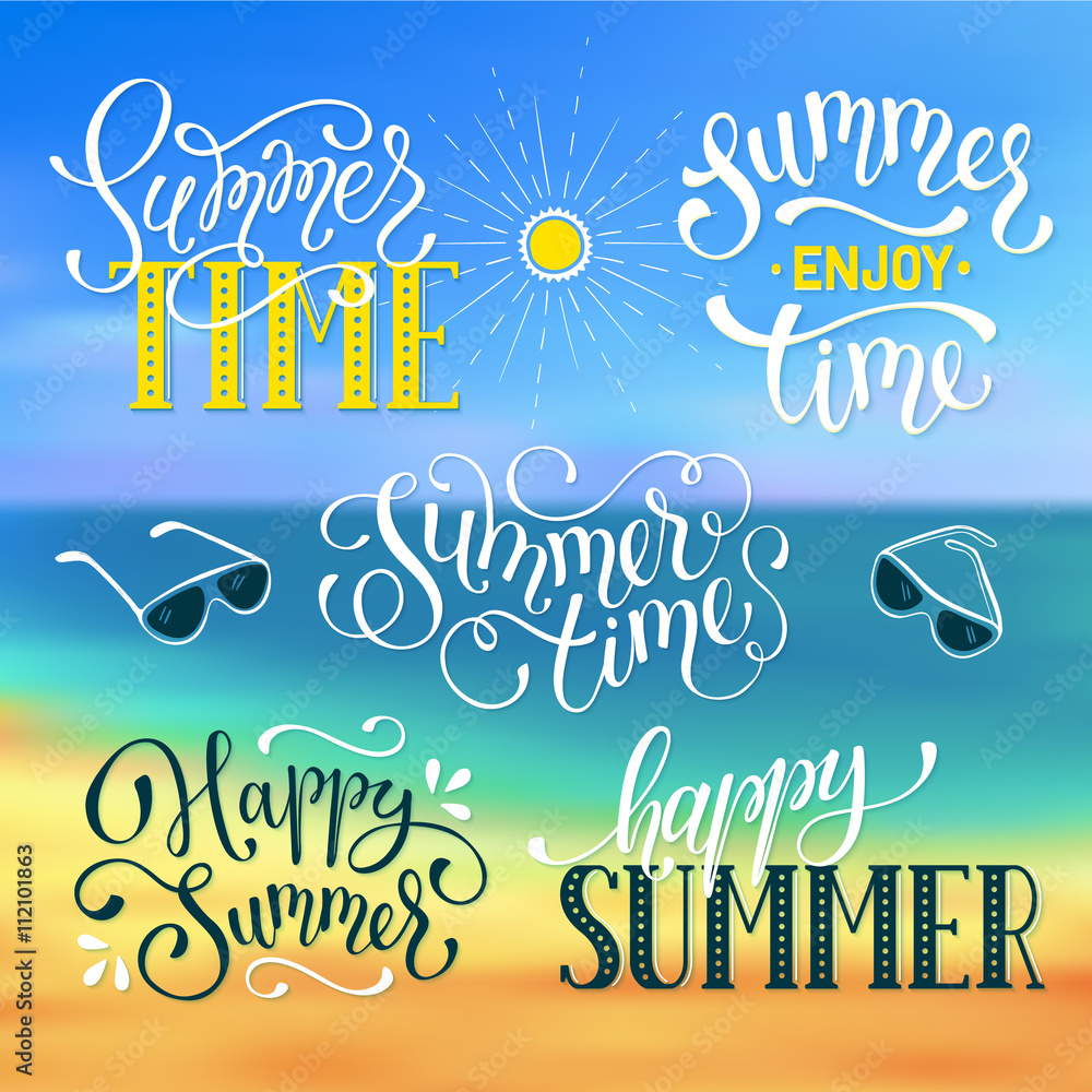Happy summer lettering design. Enjoy summer greeting card template