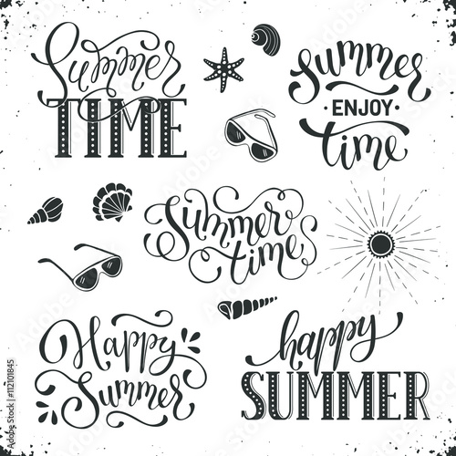 Happy summer lettering design. Enjoy summer greeting card template. Summer time wording collection isolated on white background.