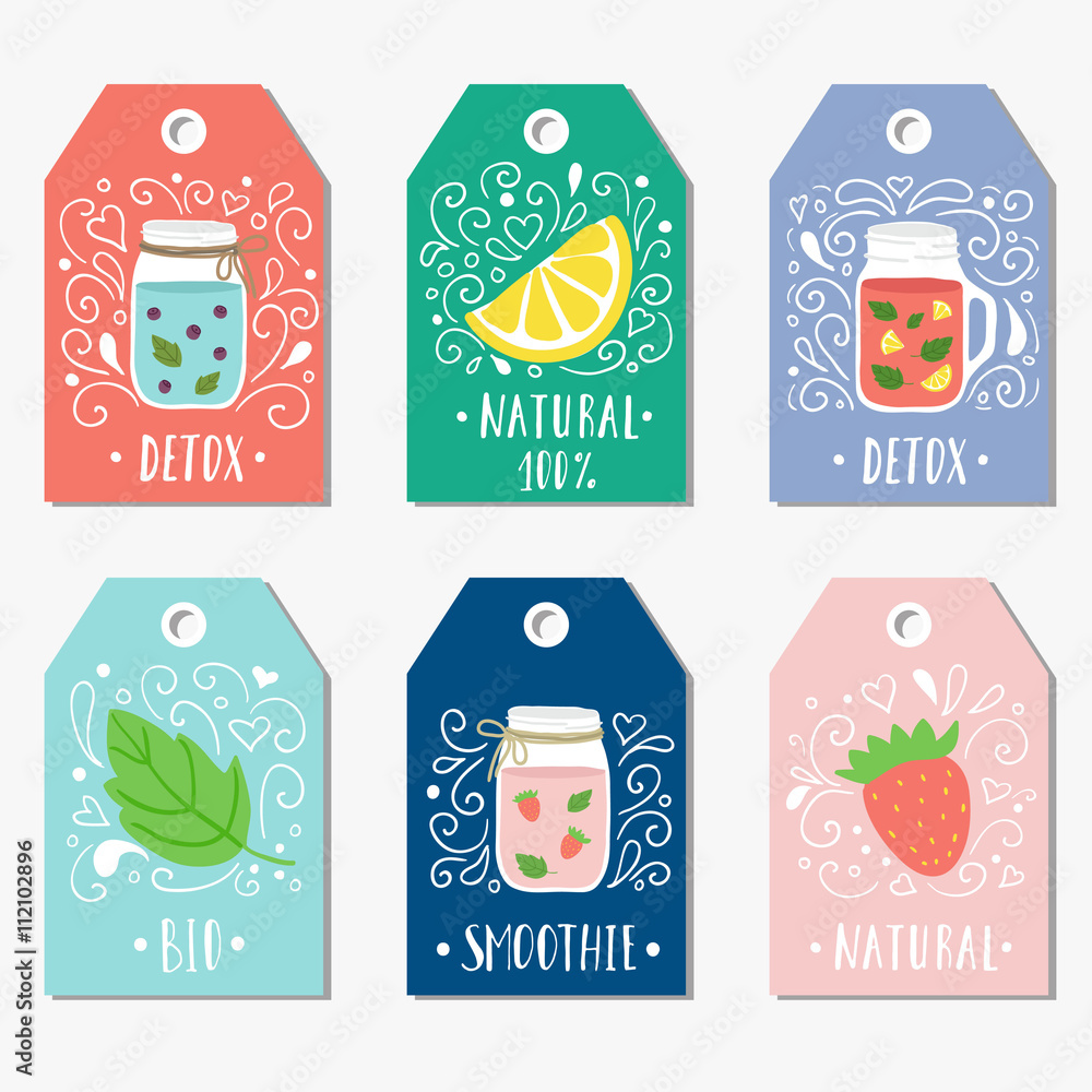Fototapeta premium Stickers, labels, cards, tags with doodle illustrations of smooties and fruit.