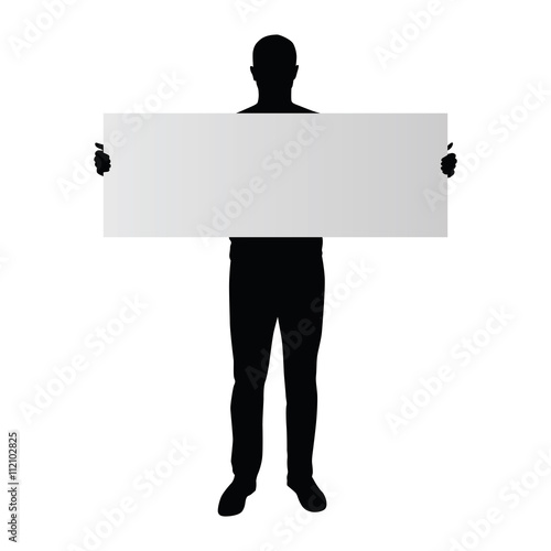 Man standing and holding in hands big sign, banner, card. Vector