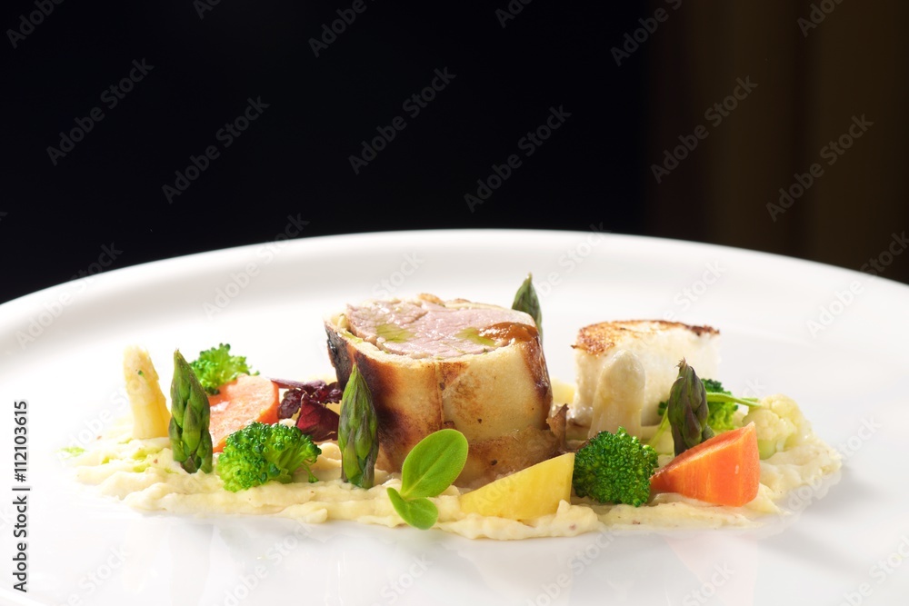 Veal fillet with vegetable ratatouille, parsnip puree, asparagus Veal fillet with vegetable ratatouille, parsnip puree, asparagus