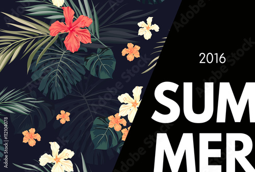 Summer tropical hawaiian background with palm tree leaves and exotic flowers