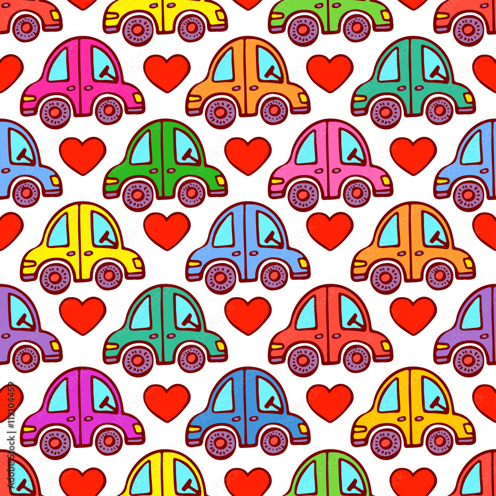 cute seamless pattern of cars and hearts. hand-drawn illustratio