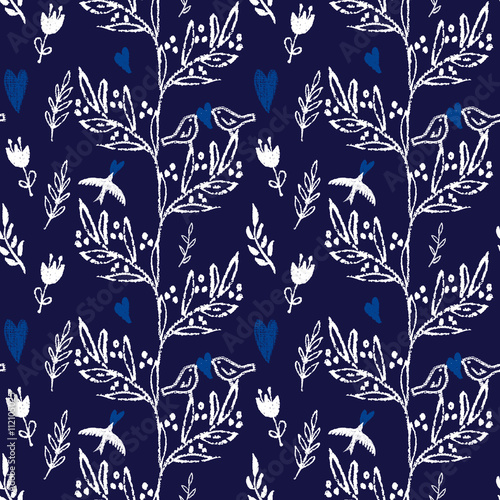 Dark blue seamless pattern flowers and birds