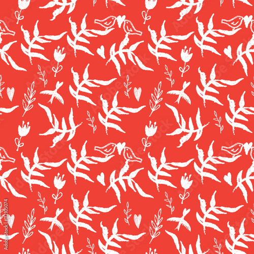 Red seamless pattern with weed, flowers and birds
