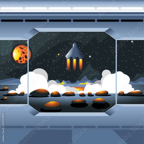 Spacecraft interior view and window to space and sun. Spaceship launch from a planet with rocks. Digital vector image.