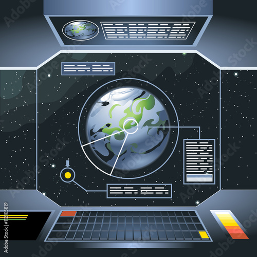 Spacecraft interior view and window to space and planet. Board with computers and screen with info analysis of the planet. Digital vector image.