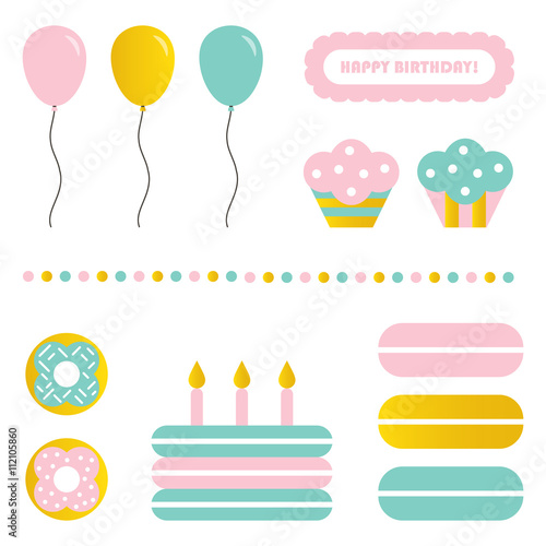 Cute colorful birthday party sweets and decoration isolated on white background. Birthday party illustration set  collection.