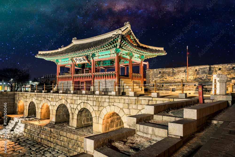 Hwaseong Fortressand Milky Way Galaxy in Seoul, South Korea