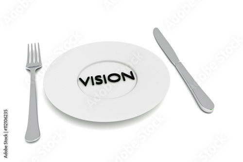 Vision food: Text vision with cutlery, 3d illustration