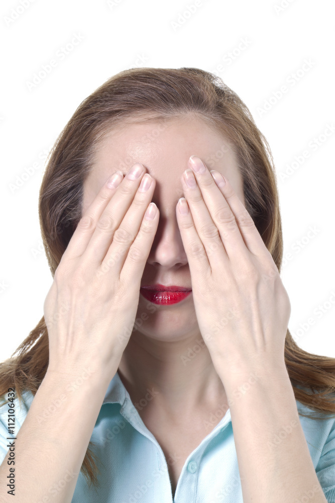 mature woman covering her eyes mature woman covering her eyes