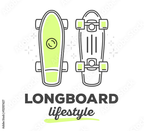 Vector illustration of longboard with text on white background.
