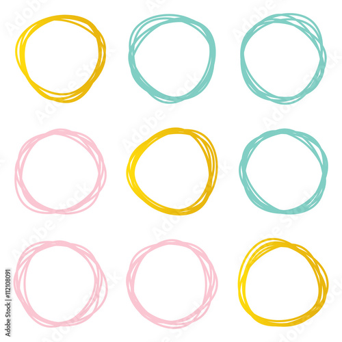 Cute decorative abstract scribble round shape design elements set, frames isolated on white background.