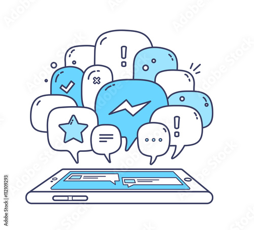 Vector illustration of blue color dialog speech bubbles with ico