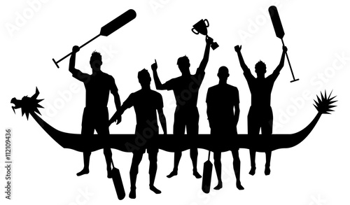 Winning Dragon boat crew stand in front of the boat Silhouette illustration