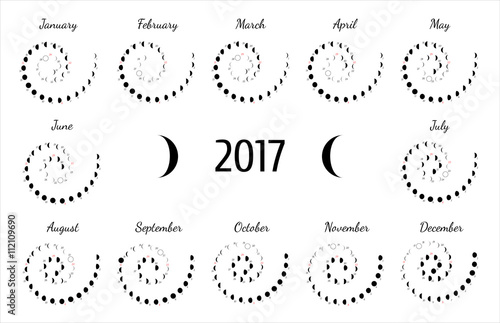 Vector astrological spiral calendar for 2017. Lunye phase calendar for dark gray on a white background. Creative lunar calendar ideas for your design