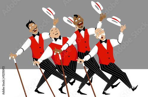 Quartet of singers in barbershop genre singing and dancing, EPS 8 vector illustration, no transparencies 