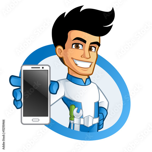 Héroe con un teléfono móvil y herramientas