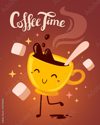 Vector illustration of yellow smile girl character dancing cup o