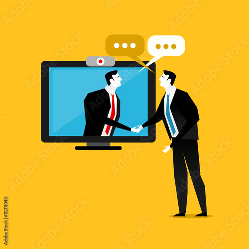 Handshake business through the screen. Businessmen negotiation. Telecommunication. Business dealing. 