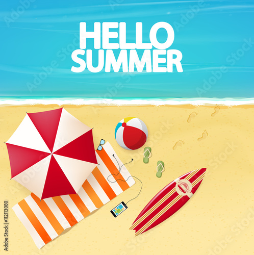 Vector beach with waves, umbrellas, towels and surfing board

