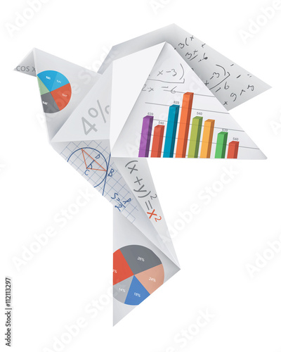 Origami dove with math symbols.
Illustration of folded paper dove with mathematics symbols and graphs. Vector available.
