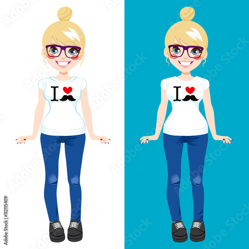 Cute blonde teenager girl wearing white shirt with I love mustache print design in two different background color versions