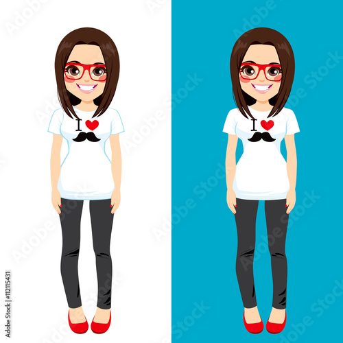 Cute brunette teenager girl wearing white shirt with I love mustache print design in two different background color versions