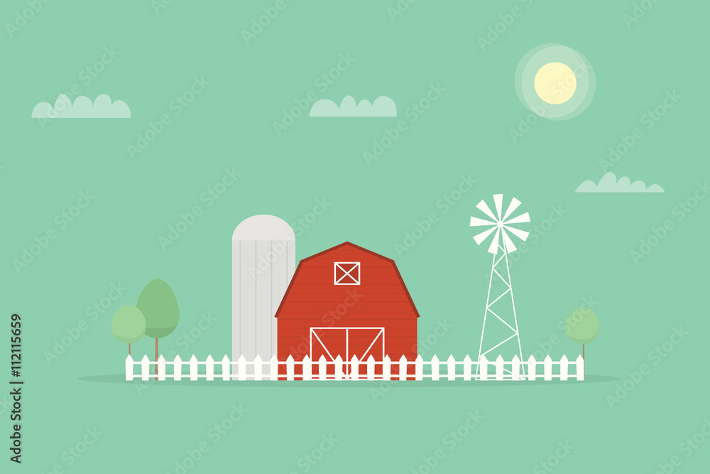 Naklejka premium Red farm, windmill and silos